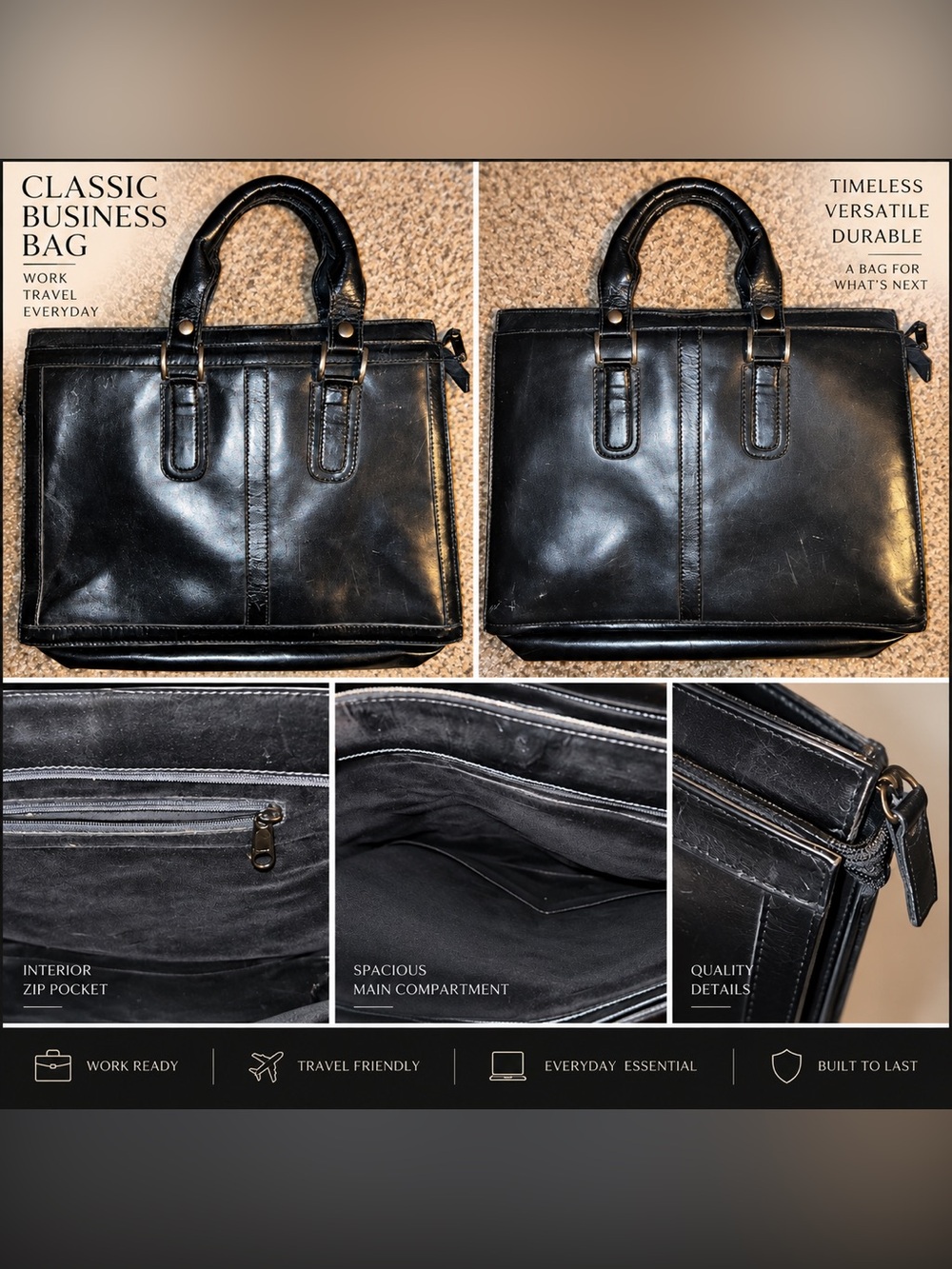 Timeless Black Leather Men’s Briefcase Tote